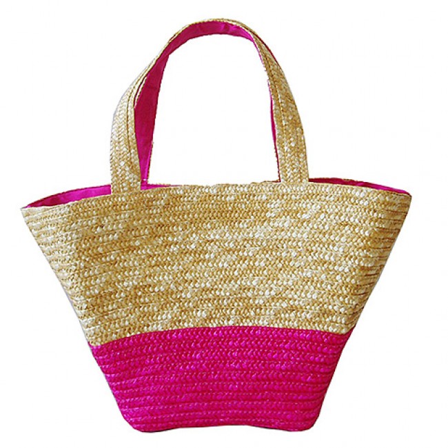 Straw Tote: Woven Wheat Straw Tote - 2 Tones - Fuchsia - BG-R11052FU